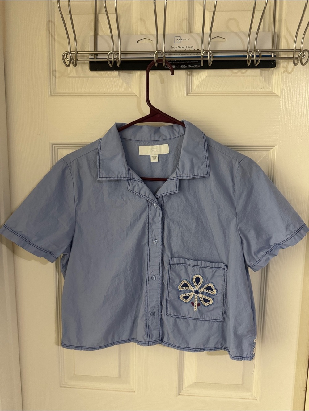Zara Light Blue Cropped Button-Up Shirt with Embroidered Pocket